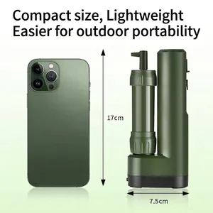Compact olive green portable electric water filter for camping with size dimensions