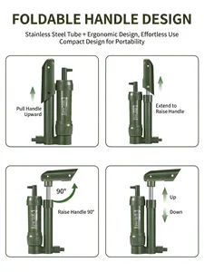 Portable outdoor hand pump water filter with ergonomic folding handle for survival