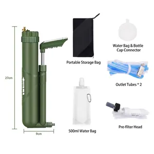 Portable outdoor water purifier kit with survival filter pump and 500ml water bag.