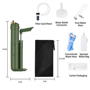 Portable manual pump water filter kit with accessories and dimensions for camping