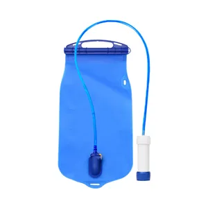 Portable outdoor gravity water filter system with 2L blue hydration bag for hiking