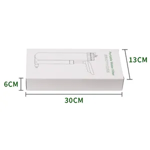 White packaging box for portable outdoor water filter, dimensions 30cm x 13cm x 6cm