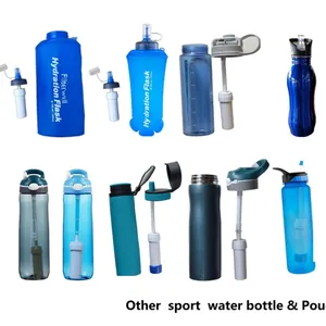 Diverse portable outdoor sport water bottles and pouches with integrated filters.