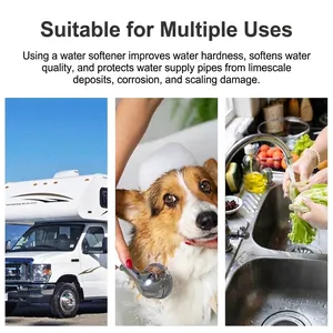 Portable water softener filter system for RV, pet bathing, and kitchen cleaning.