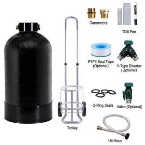 Portable RV water softener tank system with transport cart and full maintenance kit