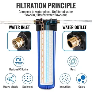 20 inch waterfiltratiesysteem voor het hele huis met weergave van het interne stromingsprincipe