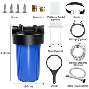 10-inch RV water filter system kit with garden hose and mounting bracket accessories