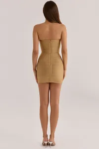 Back view of a sexy gold bodycon bandage tube dress with zipper detail for women.