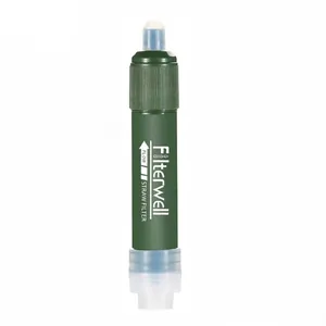 Portable green outdoor water filter straw for camping, hiking, and survival emergencies
