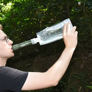 Portable personal water filter straw with pouch for outdoor camping and hiking