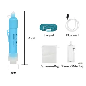 Portable blue outdoor water filter straw with lanyard and accessories for camping