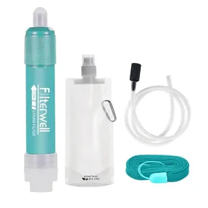 Portable outdoor water filter straw with 480ml BPA-free water bag and accessories.