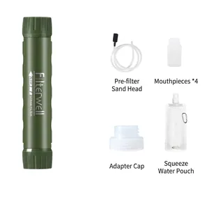 Portable outdoor water filter straw kit with accessories for emergency survival and hiking.