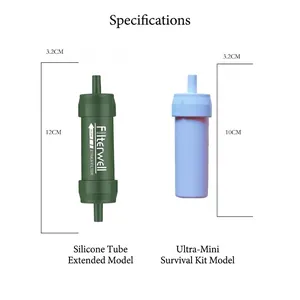 Professional portable outdoor water filter straw showing specifications and dimensions