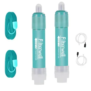 Portable outdoor water filter straw set including two filters, lanyards and hoses