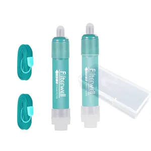 Portable outdoor water filter straw set with two straws, lanyards and a storage box.