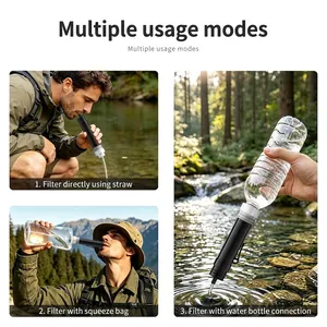 Portable outdoor water filter straw showing three different ways to purify river water