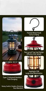 Detailed view of retro COB camping lantern features including hook and Type-C charging port.