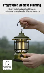Retro green LED camping lantern with stepless dimming adjustment in outdoor setting