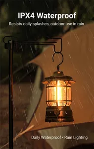 Detailed view of a vintage camping lantern with IPX4 waterproof rating in rain.