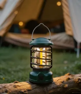 Vintage dark green camping lantern glowing on a rustic log with a blurred tent background