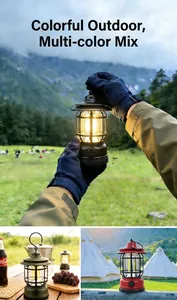 Macro view of retro LED camping lanterns in black, green and red for outdoor atmosphere