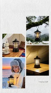 Retro LED camping lantern with handle shown in multiple outdoor lifestyle scenes.