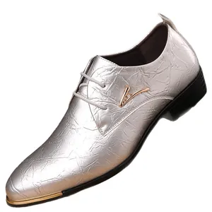 Men's silver metallic pointed toe Derby shoes with gold-tone V-shaped metal logo detail.