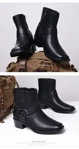 Dettaglio degli stivali in pelle nera da uomo con cerniera laterale e design a punta quadra.