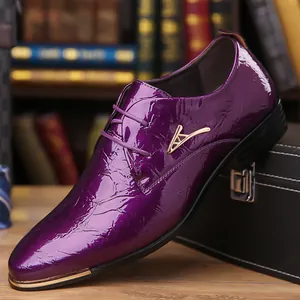 Detail view of purple patent leather men's dress shoe with unique wrinkled texture