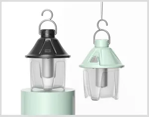 Dettaglio di lanterne da campeggio LED portatili nere e verde menta con ricarica Type-C.