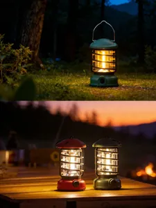Warm glow of retro LED camping lanterns in outdoor forest and wooden table settings
