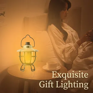 Retro style portable LED camping lantern with warm yellow light for home and outdoor use
