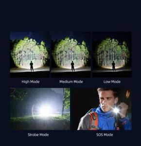 Démonstration de 5 modes d'éclairage dont stroboscope et SOS pour lampe torche LED T6.