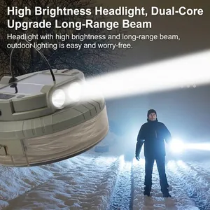 Portable rechargeable outdoor camping light with dual spotlight and integrated string lights