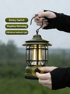 Vintage rechargeable LED camping lantern with warm COB light and stepless dimming feature