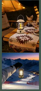 Portable retro camping lantern shown in warm table setting and snowy mountain night view