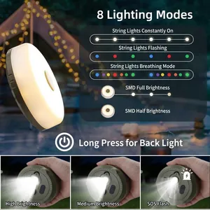 Lampe de camping LED multifonctionnelle avec 8 modes et guirlandes RGB rétractables