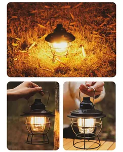 Rechargeable retro LED camping lantern glowing warmly in various outdoor night settings