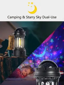 Portable vintage LED camping lantern with starry sky projector light function for outdoors
