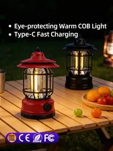 Vintage rechargeable camping lantern with COB warm light and Type-C fast charging