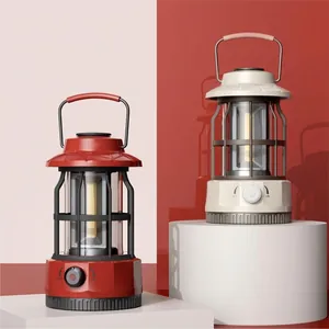 Retro portable COB camping lanterns in red and white for outdoor tent lighting
