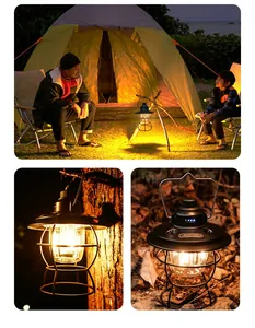 Outdoor LED camping lantern showing retro style hanging on tree and site lighting