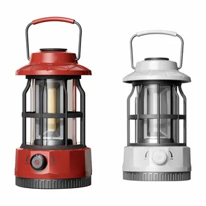 Two portable vintage COB LED camping lanterns in red and white colors for outdoor hiking