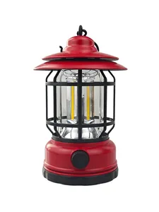 Vintage style red rechargeable LED camping lantern with COB filament and sturdy hook