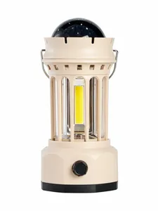 Vintage style LED camping lantern with starry sky projector and portable metal handle