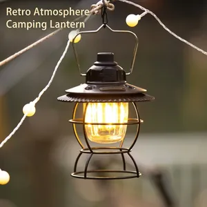 Vintage LED camping lantern with warm lighting for outdoor tent and campsite decor
