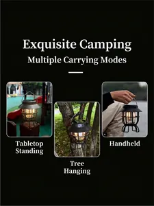 Vintage portable solar camping lantern shown in hanging, tabletop, and handheld modes.