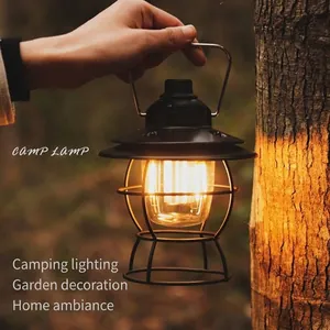 Vintage LED camping lantern with warm light in a scenic forest outdoor setting