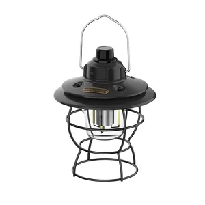 Vintage black rechargeable LED camping lantern with hanging handle for outdoors